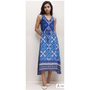 Women's‎ Johnny Was Linen Midi Dress Blue Size XS Patchwork Boho Tile Drawstring